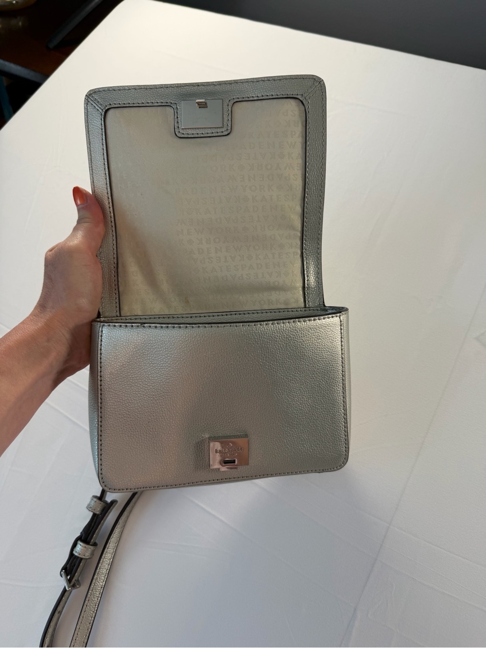 Kate Spade Metallic Silver Massie Patterson Crossbody with removable strap - Picture 9 of 10